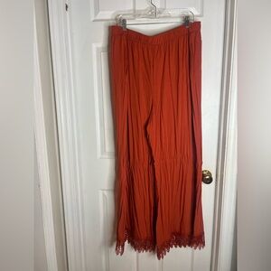 Bohemian Flowy Wide Leg Pants Rust Orange Women’s Size 26-28 Lace Hem pockets